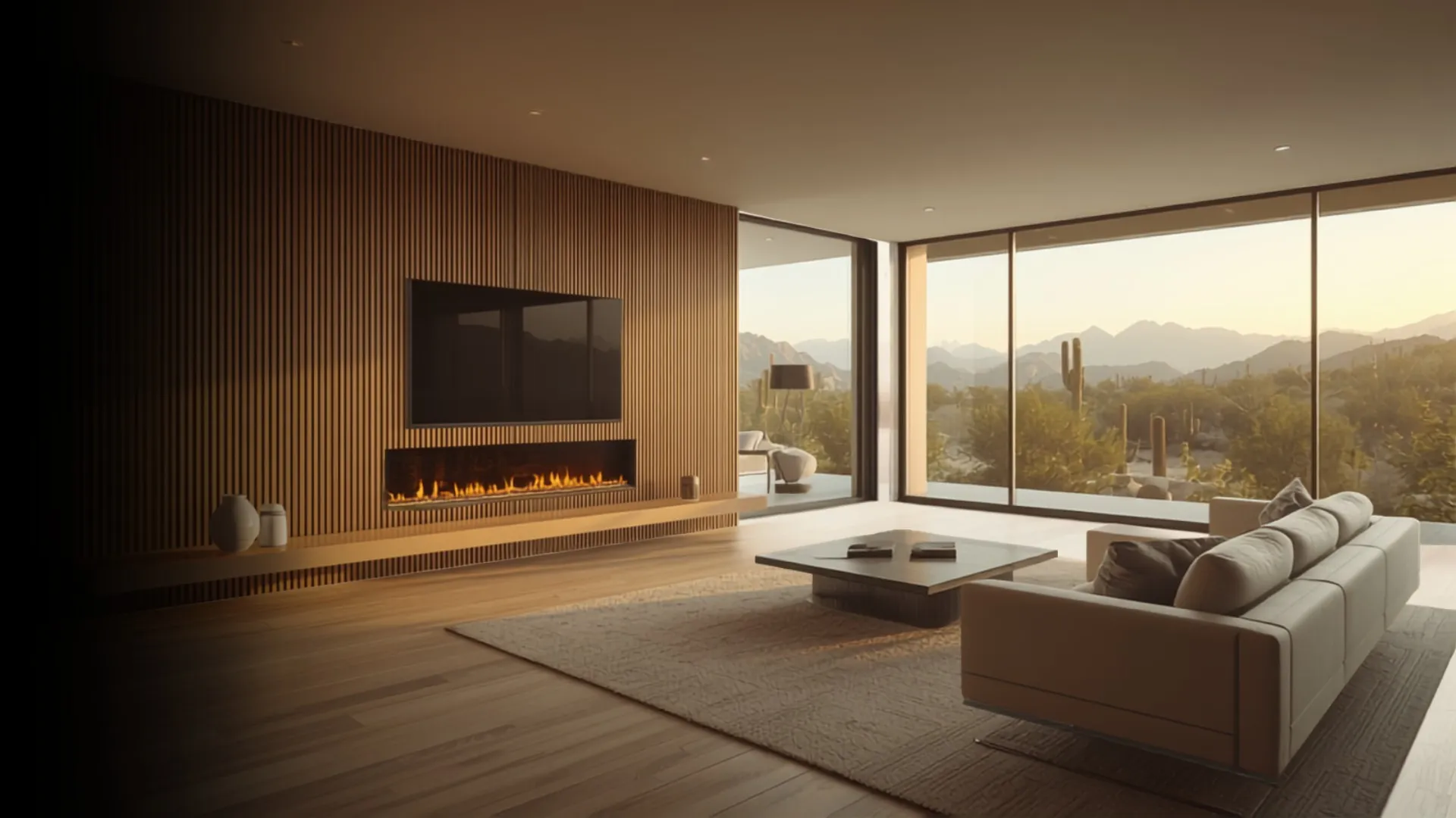 Modern Arizona great room at golden hour, with a wall-mounted TV above a linear fireplace on a wood-slat accent wall, a light sectional sofa, and floor-to-ceiling windows revealing a desert mountain view.