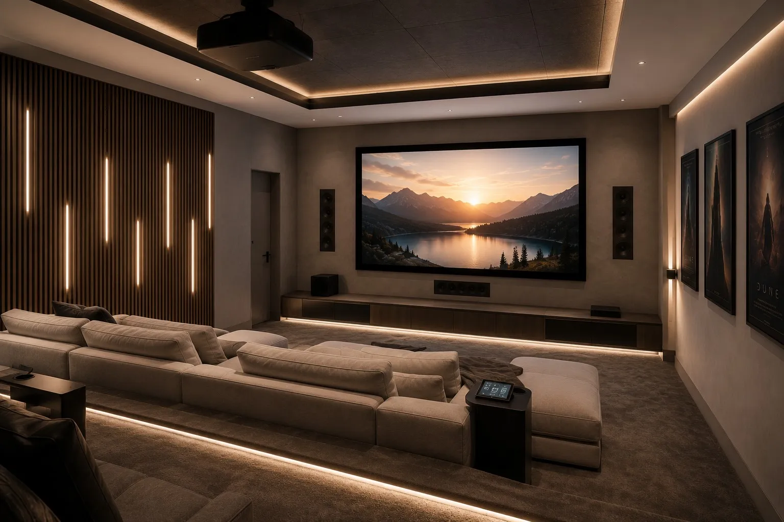Home theater with a vertical wood-slat accent wall lit by LED strips, a large screen showing a sunset over a lake, and a deep sectional sofa with a control tablet on the armrest table.