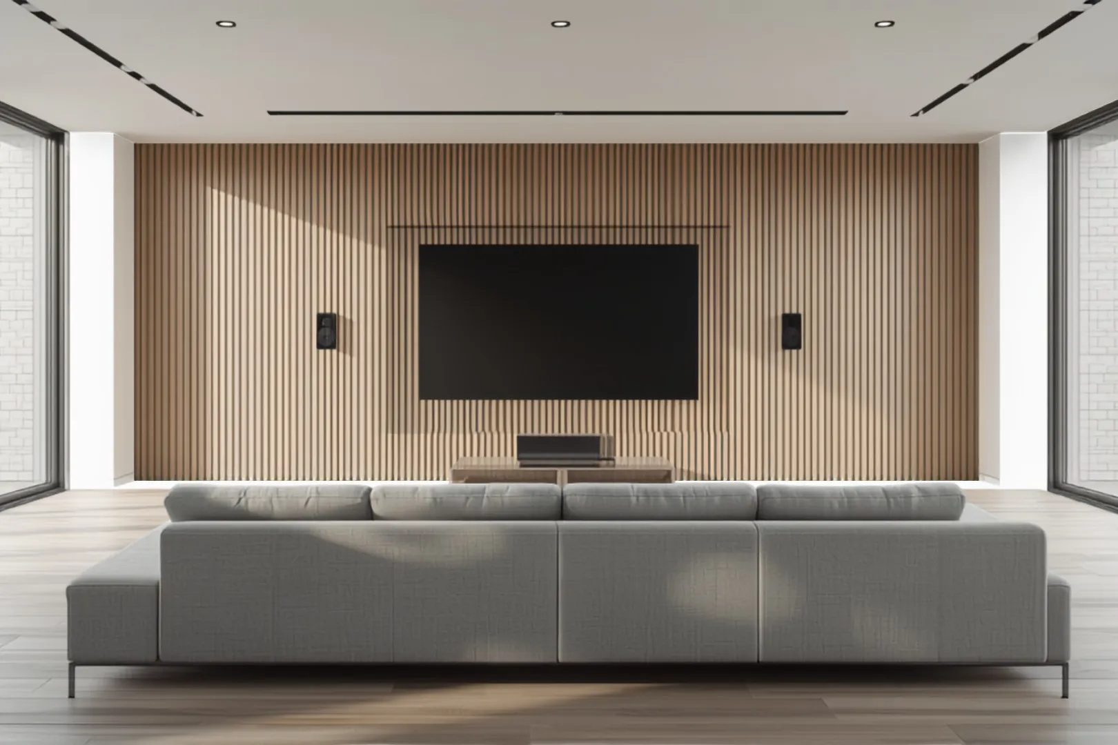 Bright, symmetrical media room with a large TV centered on a light wood-slat accent wall, flanked by in-wall speakers, facing a light gray sectional sofa.