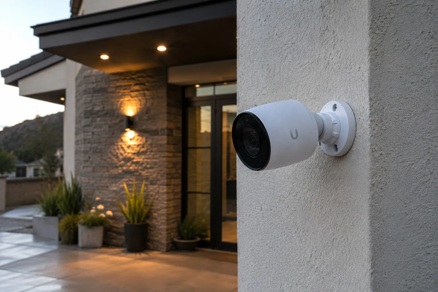 White security camera mounted on a stucco exterior wall beside a covered entry with stone accents and warm sconce lighting, house exterior in view.